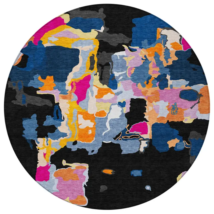 8' Black Blue And Pink Round Abstract Washable Indoor Outdoor Area Rug