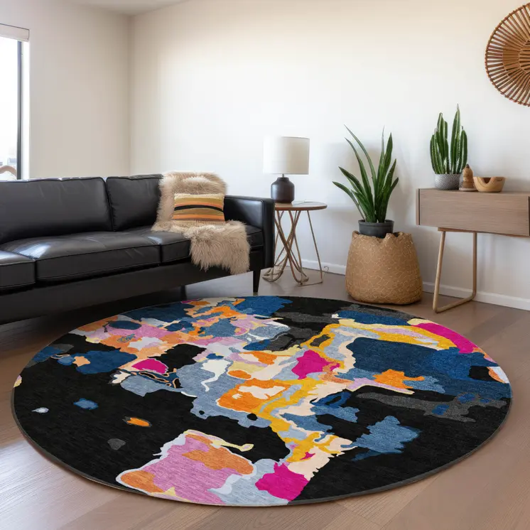 8' Black Blue And Pink Round Abstract Washable Indoor Outdoor Area Rug