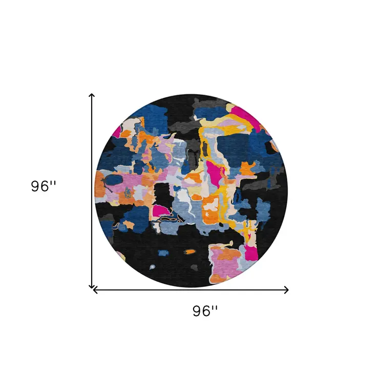 8' Black Blue And Pink Round Abstract Washable Indoor Outdoor Area Rug