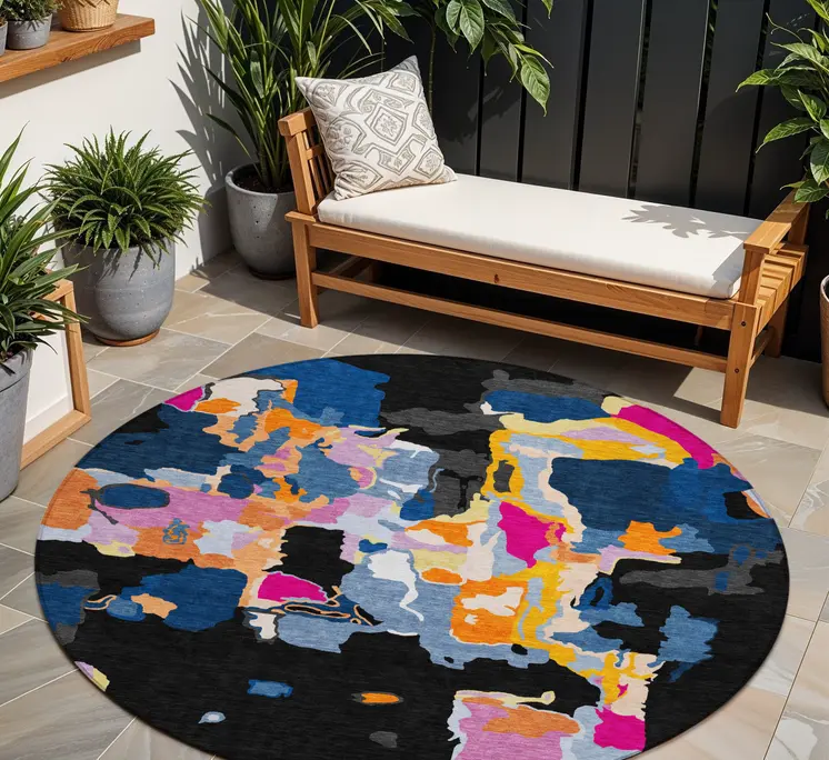 8' Black Blue And Pink Round Abstract Washable Indoor Outdoor Area Rug