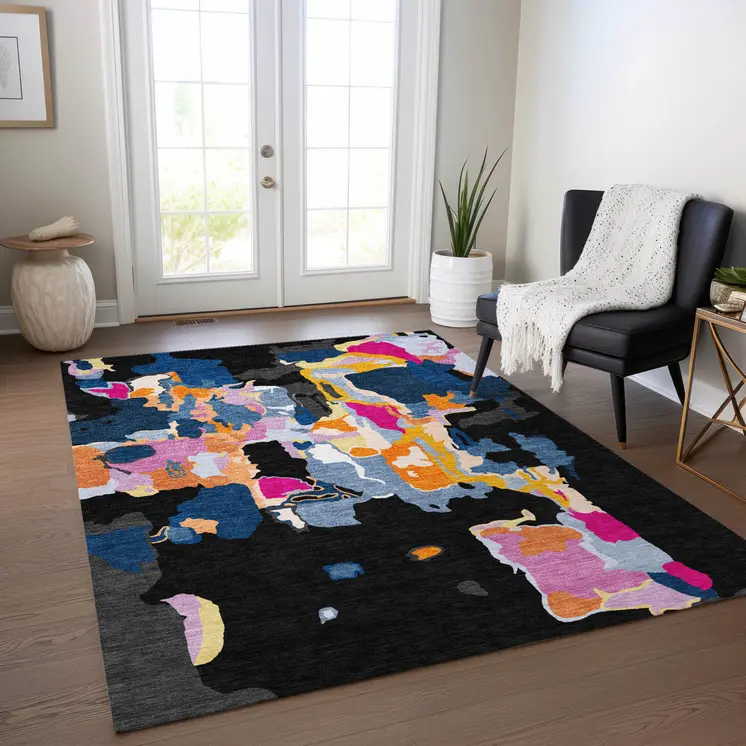 8' X 10' Black Blue And Pink Abstract Washable Indoor Outdoor Area Rug