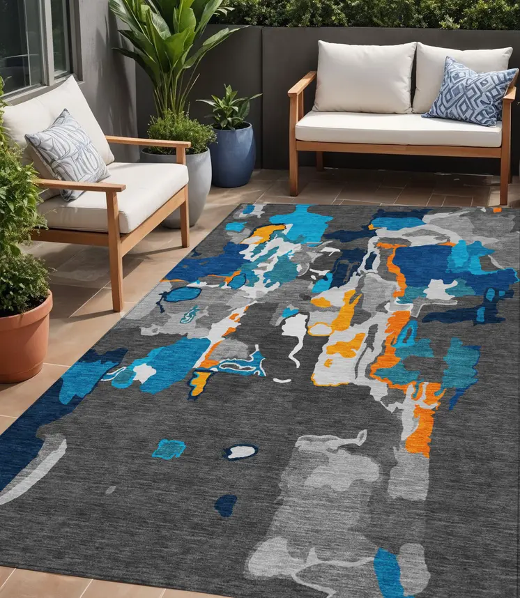 5' X 8' Charcoal Copper And Teal Blue Abstract Washable Indoor Outdoor Area Rug