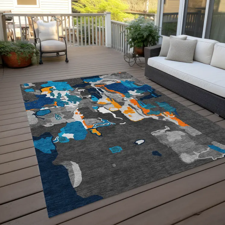 5' X 8' Charcoal Copper And Teal Blue Abstract Washable Indoor Outdoor Area Rug