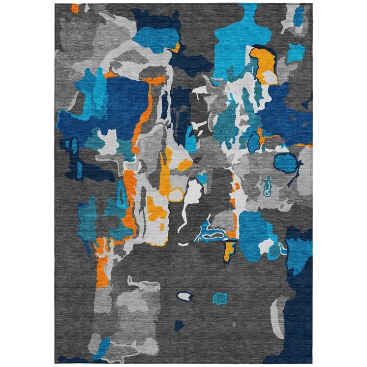5' X 8' Charcoal Copper And Teal Blue Abstract Washable Indoor Outdoor Area Rug