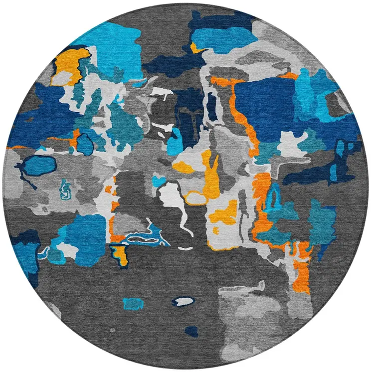 8' Charcoal Copper And Teal Blue Round Abstract Washable Indoor Outdoor Area Rug