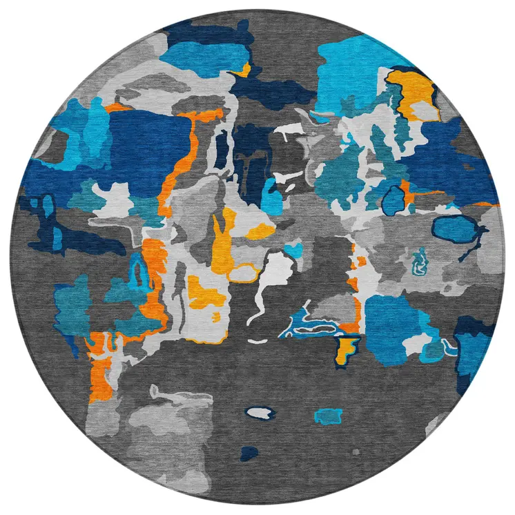 8' Charcoal Copper And Teal Blue Round Abstract Washable Indoor Outdoor Area Rug