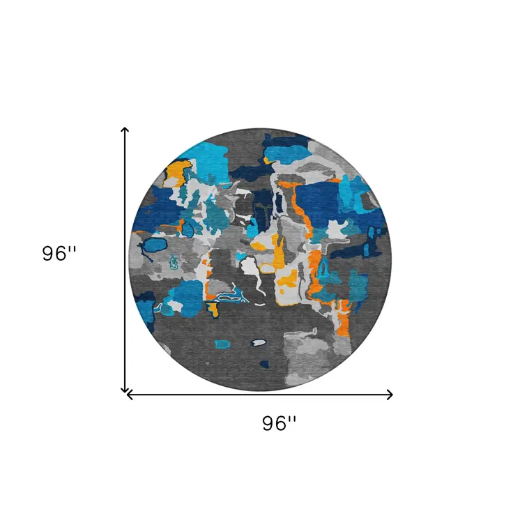 8' Charcoal Copper And Teal Blue Round Abstract Washable Indoor Outdoor Area Rug