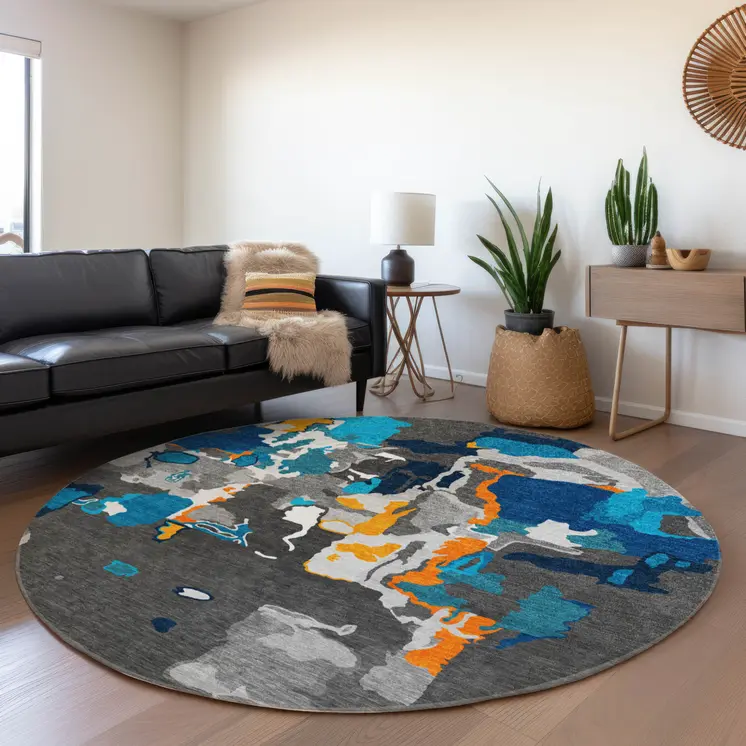 8' Charcoal Copper And Teal Blue Round Abstract Washable Indoor Outdoor Area Rug