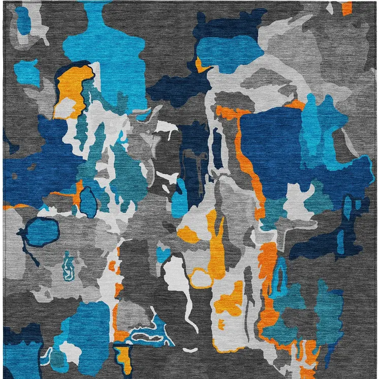 8' X 10' Charcoal Copper And Teal Blue Abstract Washable Indoor Outdoor Area Rug