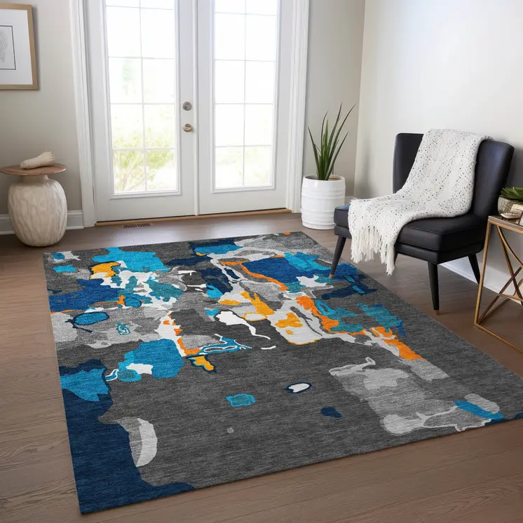 9' X 12' Charcoal Copper And Teal Blue Abstract Washable Indoor Outdoor Area Rug