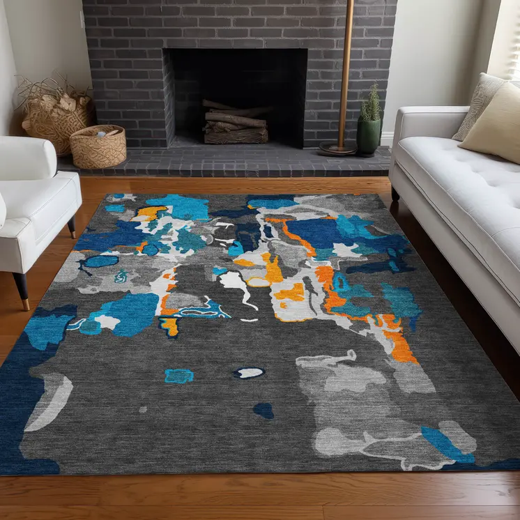 9' X 12' Charcoal Copper And Teal Blue Abstract Washable Indoor Outdoor Area Rug