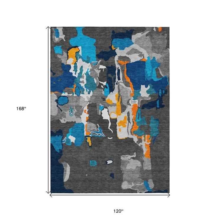 10' X 14' Charcoal Copper And Teal Blue Abstract Washable Indoor Outdoor Area Rug