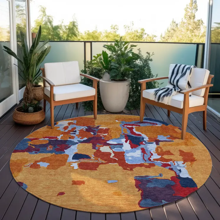 8' Copper Gray And Burgundy Round Abstract Washable Indoor Outdoor Area Rug