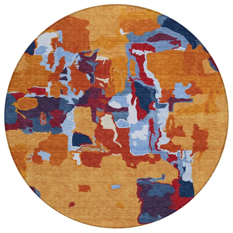 8' Copper Gray And Burgundy Round Abstract Washable Indoor Outdoor Area Rug