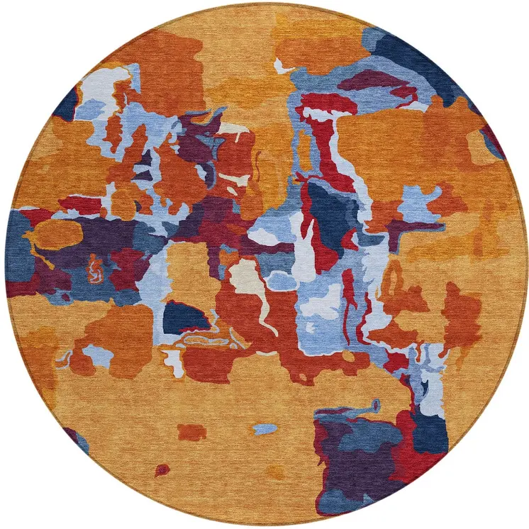 8' Copper Gray And Burgundy Round Abstract Washable Indoor Outdoor Area Rug
