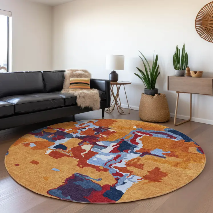8' Copper Gray And Burgundy Round Abstract Washable Indoor Outdoor Area Rug