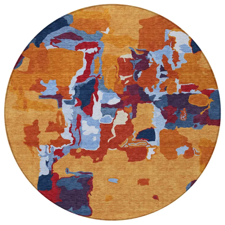8' Copper Gray And Burgundy Round Abstract Washable Indoor Outdoor Area Rug