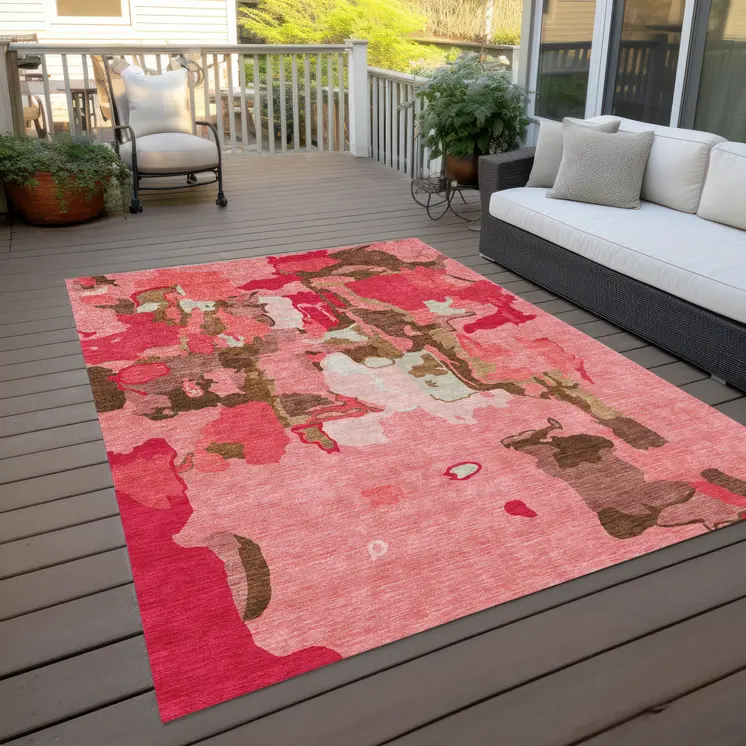 8' X 10' Coral Pink And Brown Abstract Washable Indoor Outdoor Area Rug