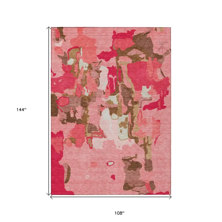 9' X 12' Coral Pink And Brown Abstract Washable Indoor Outdoor Area Rug