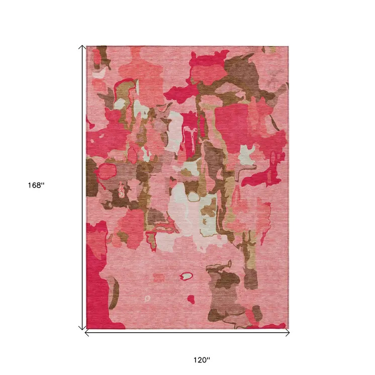 10' X 14' Coral Pink And Brown Abstract Washable Indoor Outdoor Area Rug
