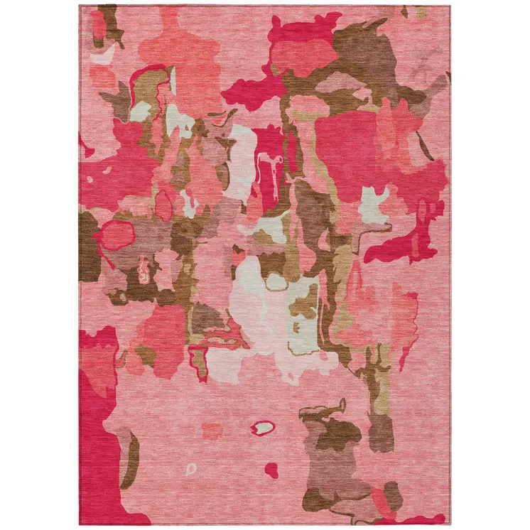 10' X 14' Coral Pink And Brown Abstract Washable Indoor Outdoor Area Rug