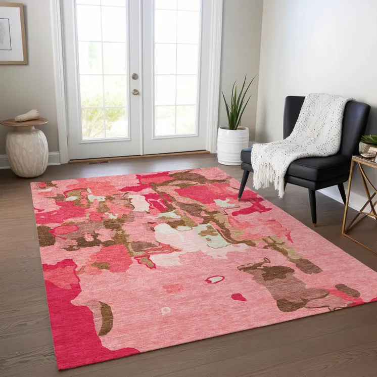 10' X 14' Coral Pink And Brown Abstract Washable Indoor Outdoor Area Rug
