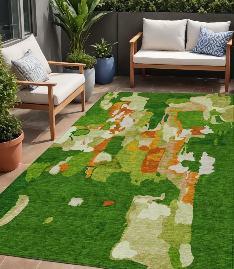 5' X 8' Green Copper And Brown Abstract Washable Indoor Outdoor Area Rug