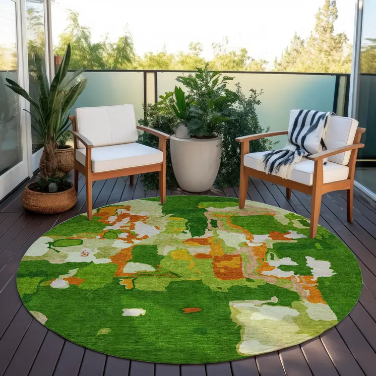 8' Green Copper And Brown Round Abstract Washable Indoor Outdoor Area Rug