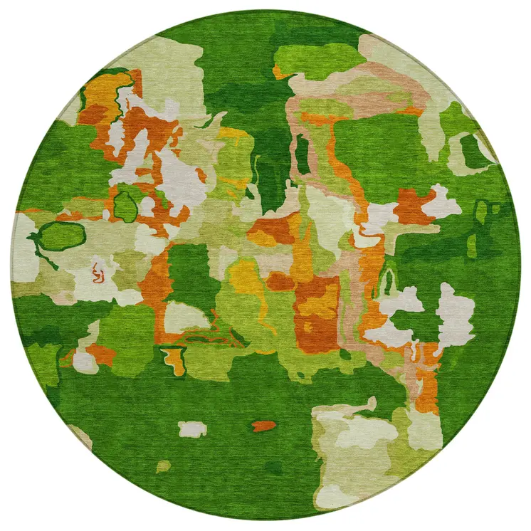 8' Green Copper And Brown Round Abstract Washable Indoor Outdoor Area Rug
