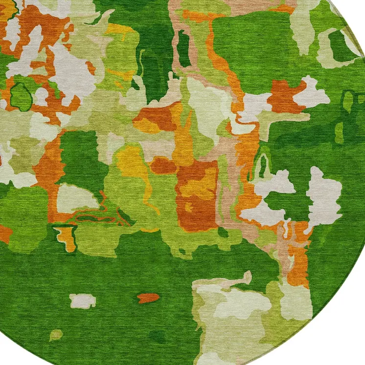8' Green Copper And Brown Round Abstract Washable Indoor Outdoor Area Rug
