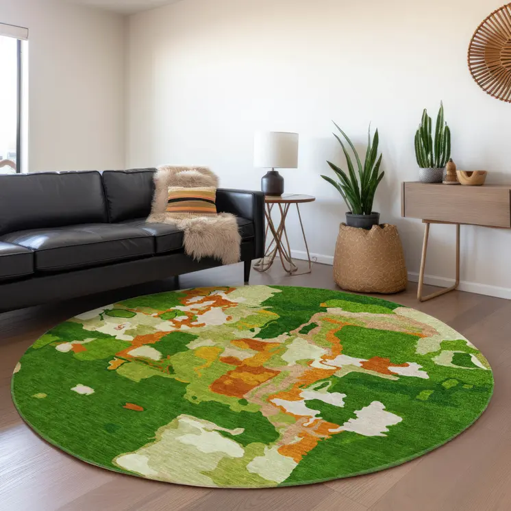 8' Green Copper And Brown Round Abstract Washable Indoor Outdoor Area Rug