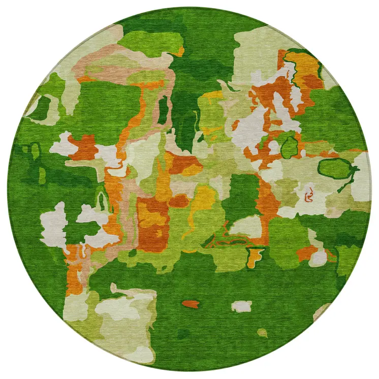 8' Green Copper And Brown Round Abstract Washable Indoor Outdoor Area Rug