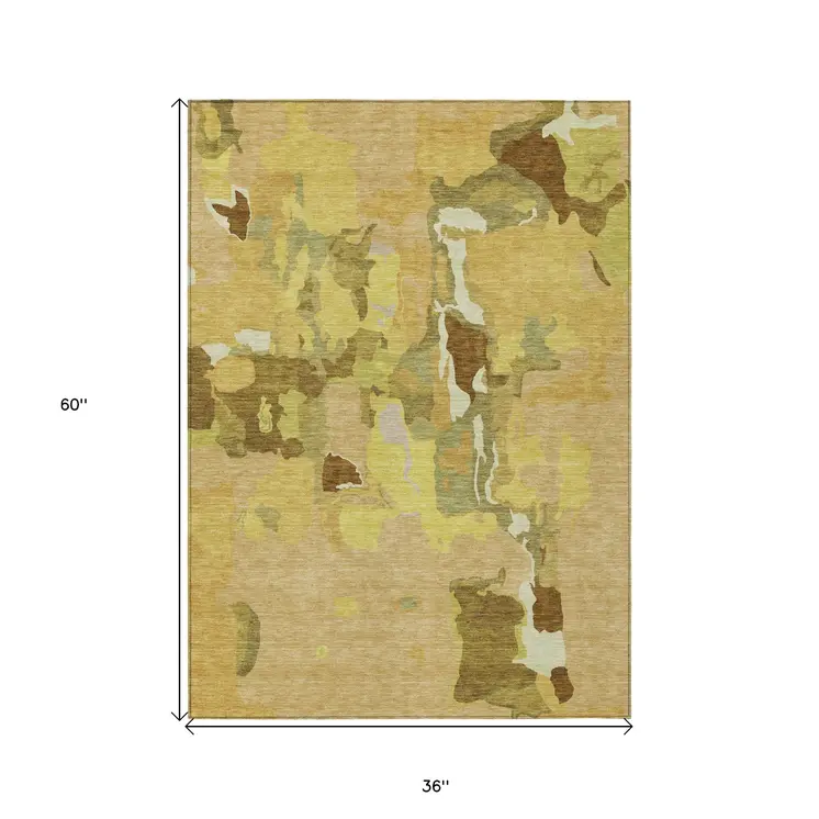 3' X 5' Gold Brown And Green Abstract Washable Indoor Outdoor Area Rug