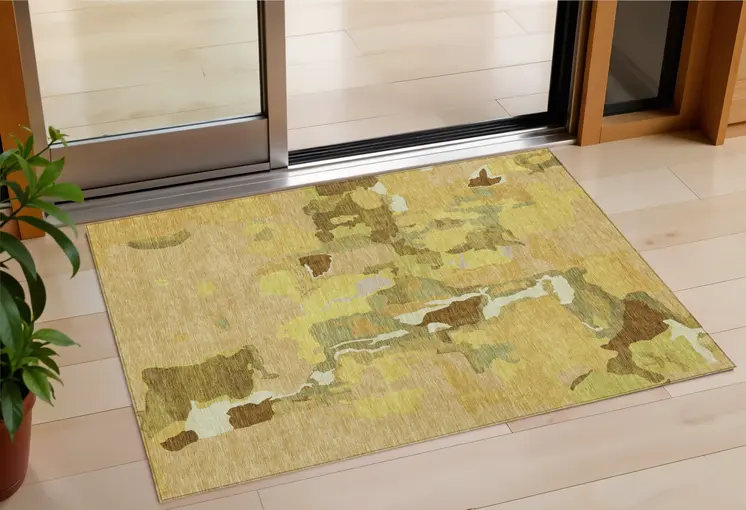 3' X 5' Gold Brown And Green Abstract Washable Indoor Outdoor Area Rug