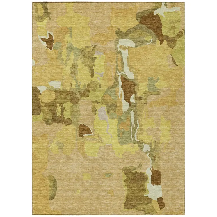 3' X 5' Gold Brown And Green Abstract Washable Indoor Outdoor Area Rug