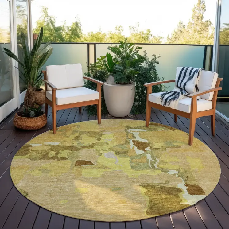 8' Gold Brown And Green Round Abstract Washable Indoor Outdoor Area Rug