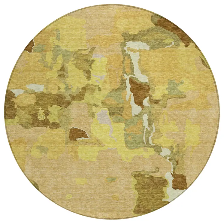 8' Gold Brown And Green Round Abstract Washable Indoor Outdoor Area Rug
