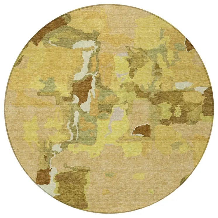 8' Gold Brown And Green Round Abstract Washable Indoor Outdoor Area Rug