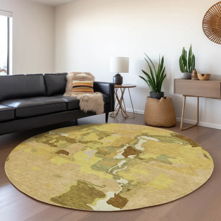 8' Gold Brown And Green Round Abstract Washable Indoor Outdoor Area Rug