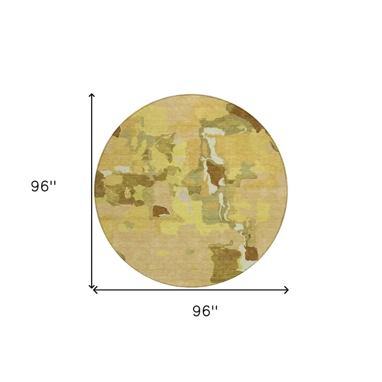 8' Gold Brown And Green Round Abstract Washable Indoor Outdoor Area Rug