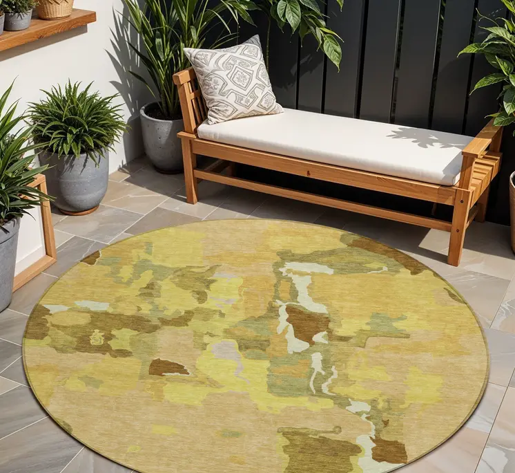 8' Gold Brown And Green Round Abstract Washable Indoor Outdoor Area Rug
