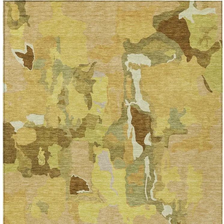 9' X 12' Gold Brown And Green Abstract Washable Indoor Outdoor Area Rug