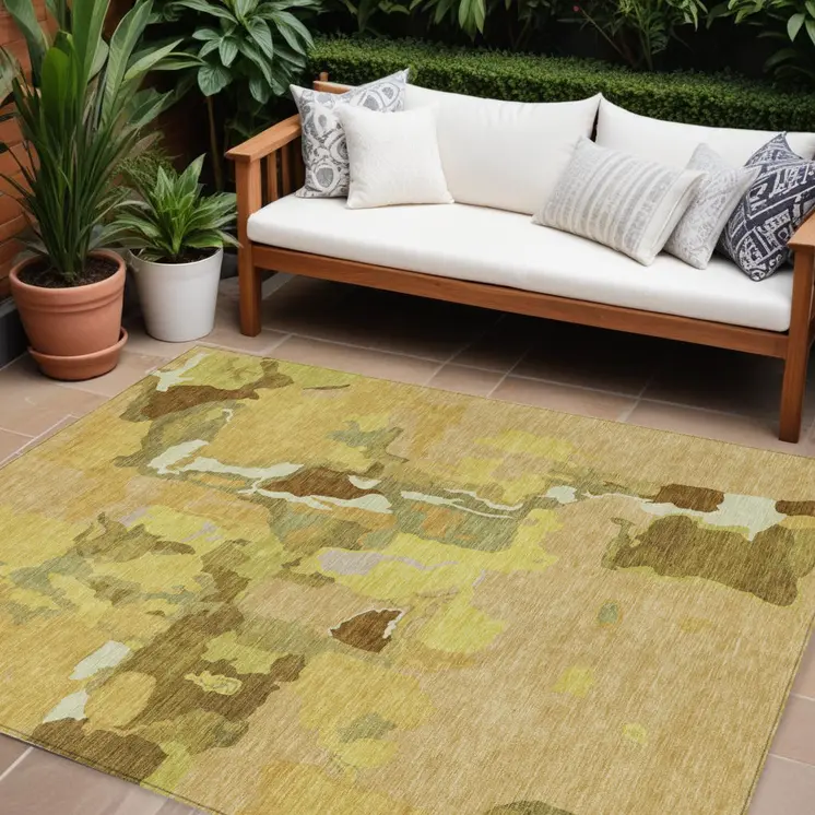 10' X 14' Gold Brown And Green Abstract Washable Indoor Outdoor Area Rug