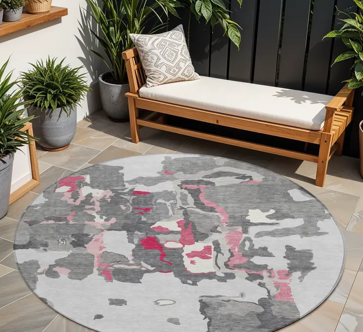 8' Gray Charcoal And Pink Round Abstract Washable Indoor Outdoor Area Rug