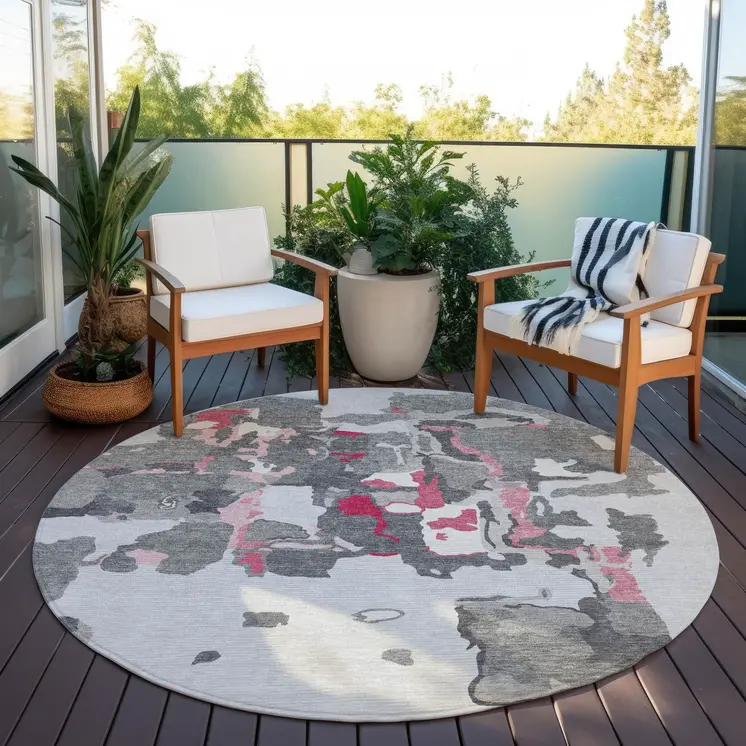 8' Gray Charcoal And Pink Round Abstract Washable Indoor Outdoor Area Rug