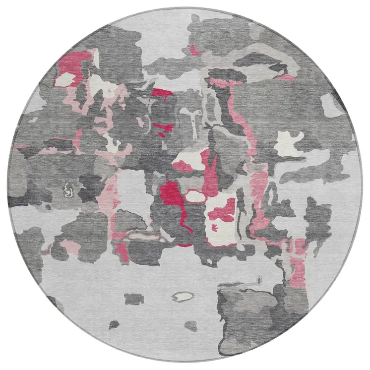 8' Gray Charcoal And Pink Round Abstract Washable Indoor Outdoor Area Rug