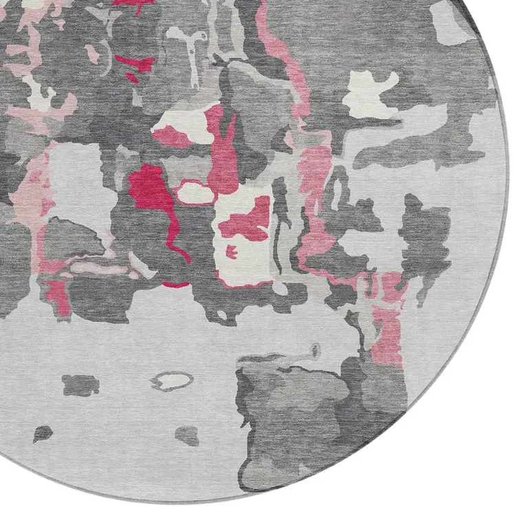 8' Gray Charcoal And Pink Round Abstract Washable Indoor Outdoor Area Rug