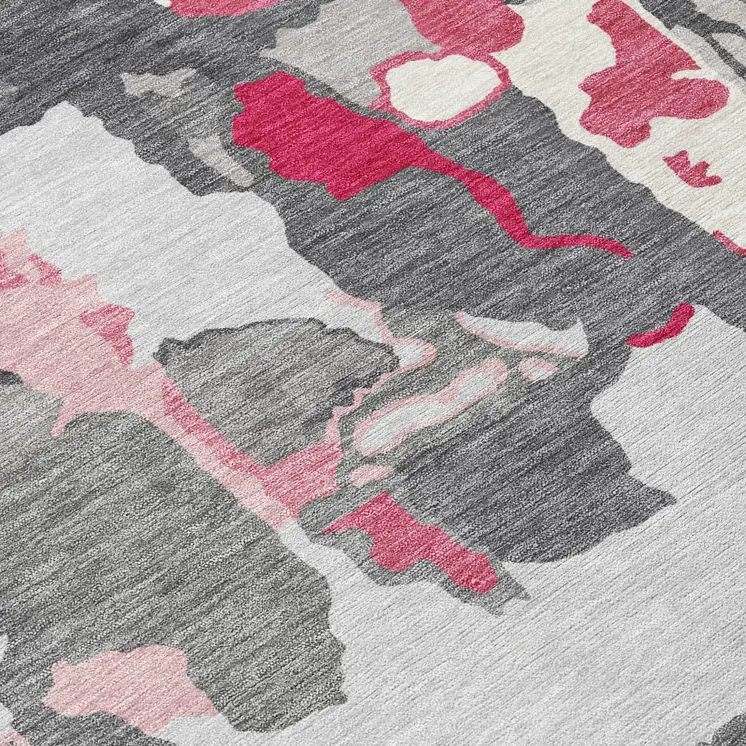 8' Gray Charcoal And Pink Round Abstract Washable Indoor Outdoor Area Rug