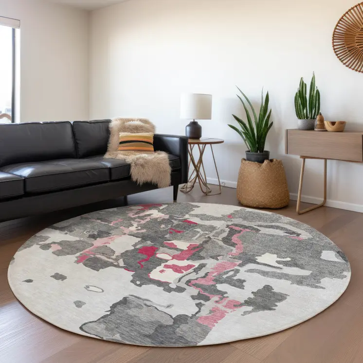 8' Gray Charcoal And Pink Round Abstract Washable Indoor Outdoor Area Rug