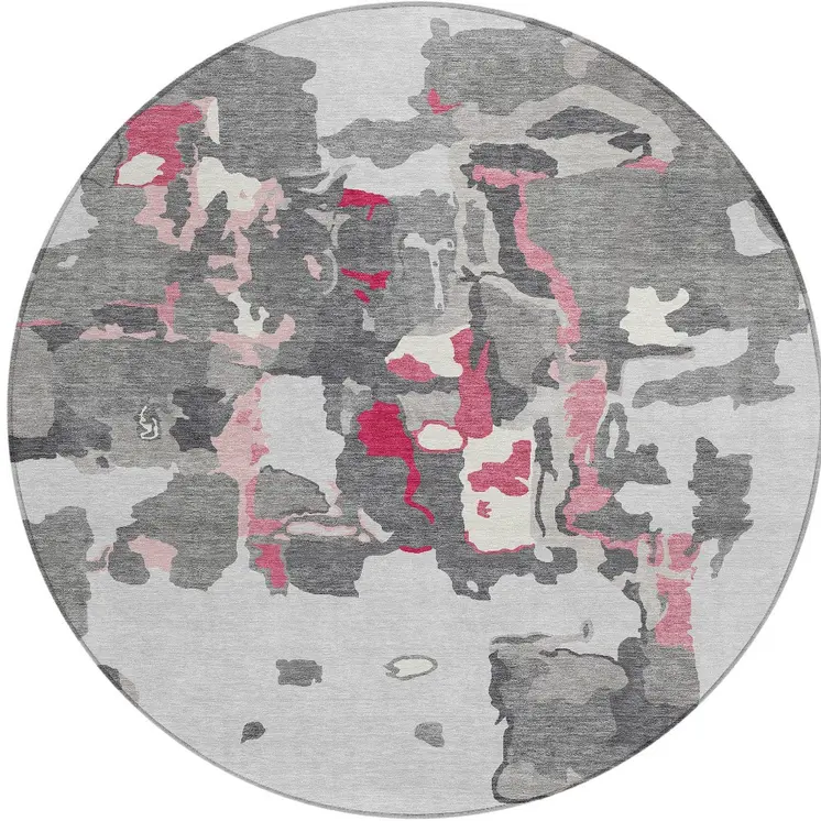 8' Gray Charcoal And Pink Round Abstract Washable Indoor Outdoor Area Rug